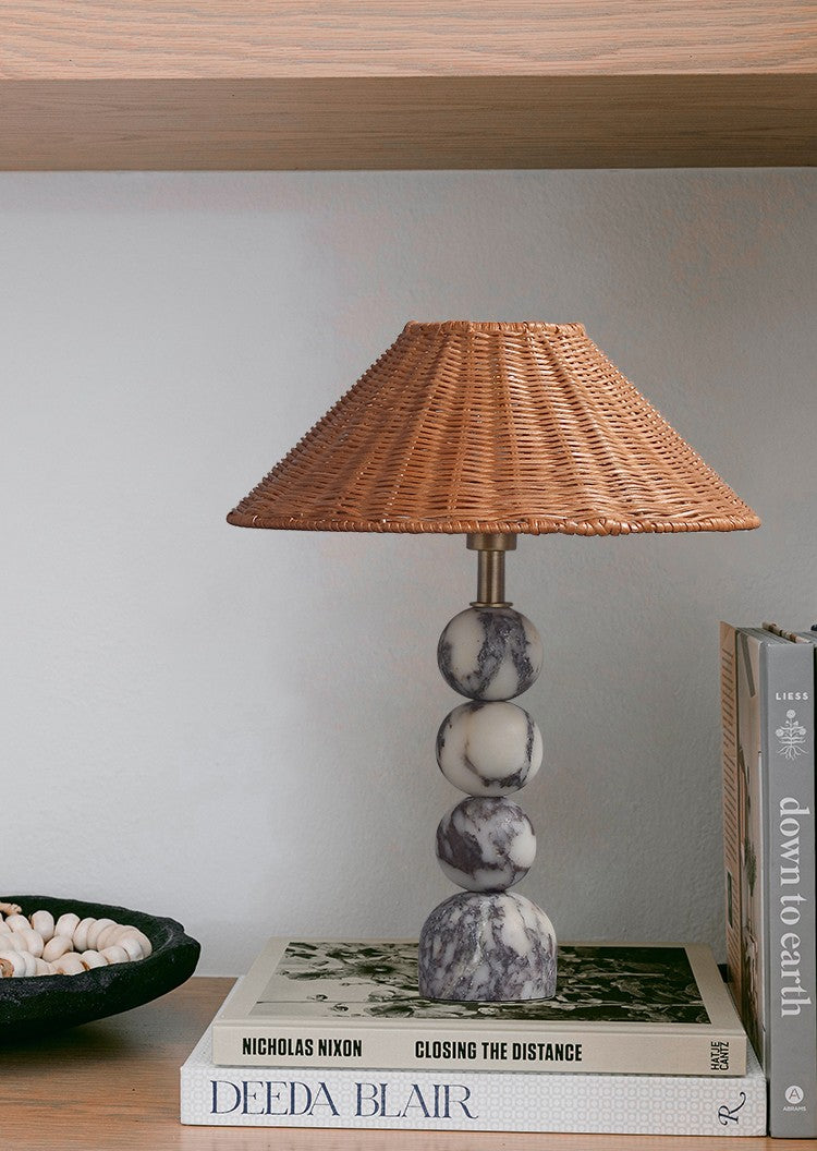 Luxury Marble Table Lamp, Vintage Woven Rattan Shade, High-End Modern Bedside and Desk Accent Light for Living Room, Bedroom, Study
