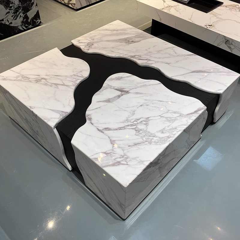 Designer Marble Puzzle Coffee Table – Sculptural Stone Blocks with Black Channels, Luxury 1.2M Square Architectural Art Table for Modern Living Rooms