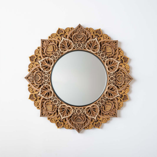 Mandala Mirror Wall Art – 3D Bodhi Flower Decorative Wooden Round Mirror, Boho Modern Living Room, Entryway, Bedroom