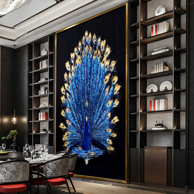 Luxury Hand-Painted Blue Peacock Enamel Wall Art – Cloisonné-Style Painting with Brushed Gold Aluminum Alloy Frame for Entryway, Living Room, or Dining Room