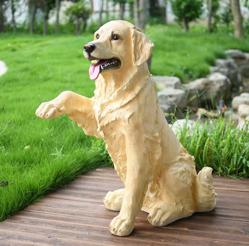 Life-Size Golden Retriever Outdoor Statue, Realistic Sitting Dog Sculpture with Paw Up – Large Garden, Patio, Entryway, Living Room Decor
