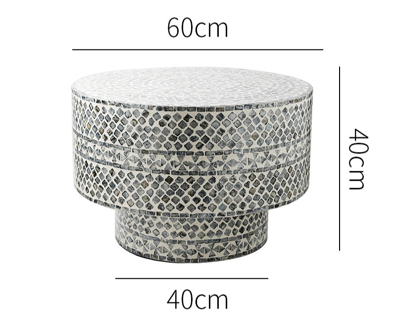 Vintage Mosaic Round Coffee Table, Designer Accent Table for Living Room, Modern Shell Inlay Sofa Side Table