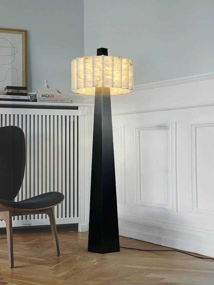Natural Snowflake Stone & Black Brushed Stainless Steel Designer Floor Lamp, Luxury Villa/Model Room/Living Room/Study