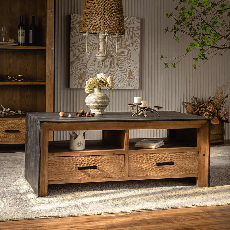 Vintage Distressed Solid Wood Coffee Table, Wabi-Sabi Style TV Console with Textured Drawers, Designer Living Room Storage Table for Small Spaces,