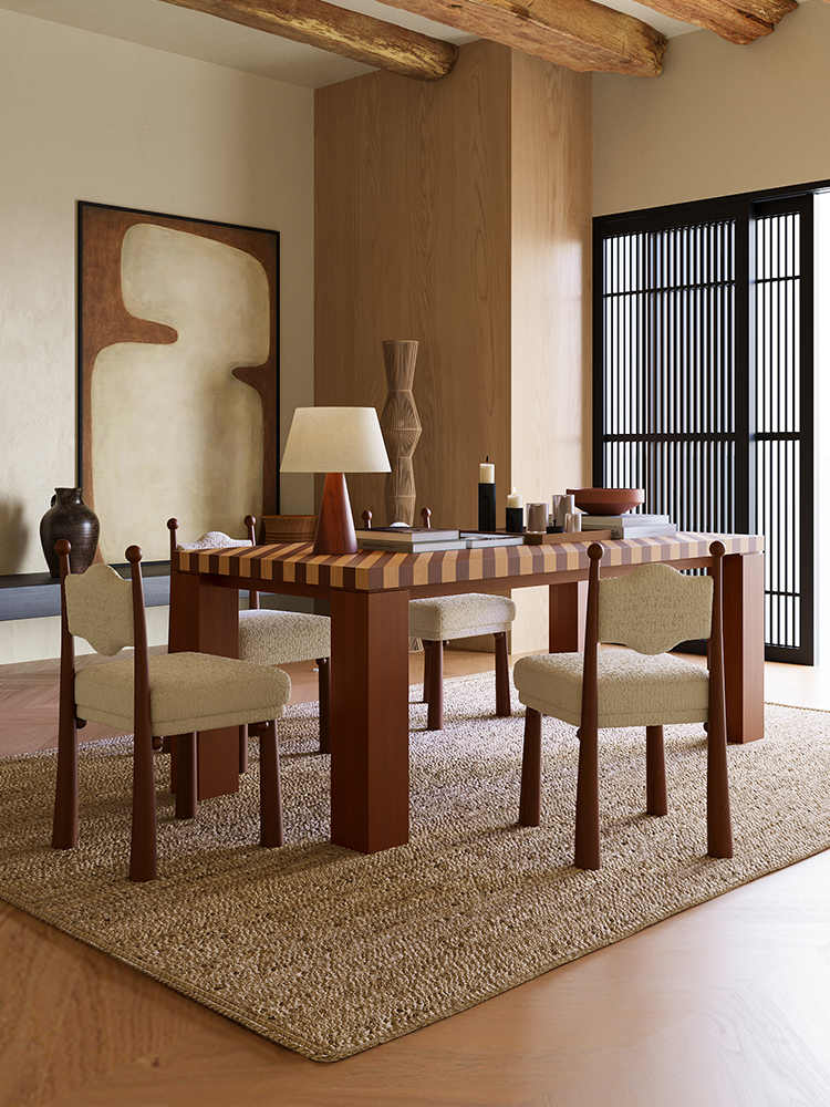 Vintage Solid Wood Dining Table Set – Designer Retro Striped Table for Small Apartment, Living Room
