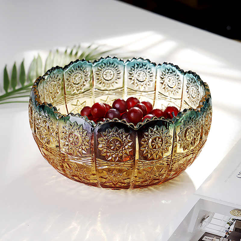 Luxury Crystal Glass Fruit Bowl, Embossed Star Pattern Serving Dish with Gradient Colors, Home Living Room Coffee Table Snack Bowl