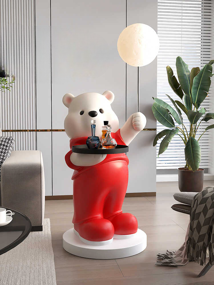 Large Cream Style Bear Floor Sculpture with Tray and Lamp – Modern Sofa Side, TV Cabinet Decor, Housewarming/New Year Gift