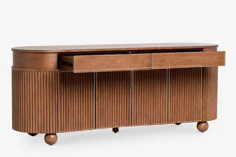 French Mid-Century Curved Fluted Solid Wood Sideboard – Premium Storage Cabinet with Drawers and Doors, Luxury Dining Room Buffet Console with Spherical Legs