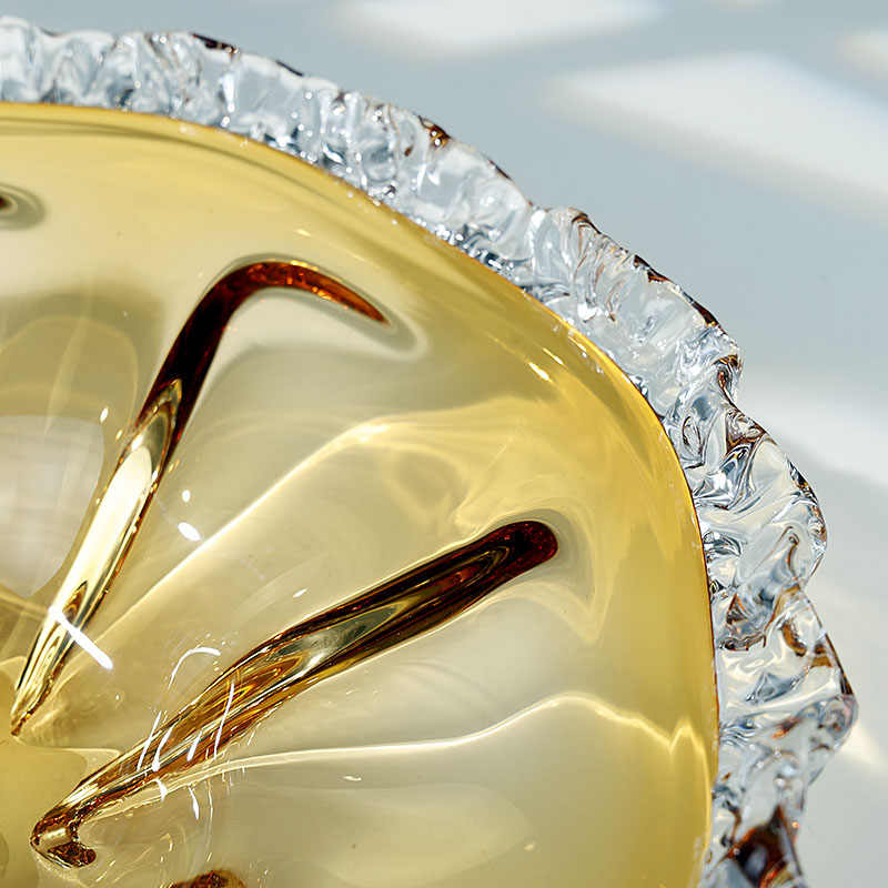 Luxury Gradient Amber Crystal Glass Fruit Bowl, Large Round Serving Dish with Scalloped Edges & Sunburst Design, Premium Home Decor