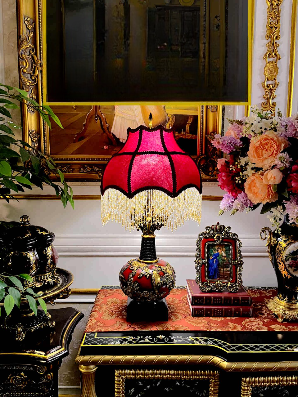 Luxury Handcrafted Villa Table Lamp, Burgundy Red & Gold Vintage Classic Lamp for Living Room, Entryway, or Bedroom