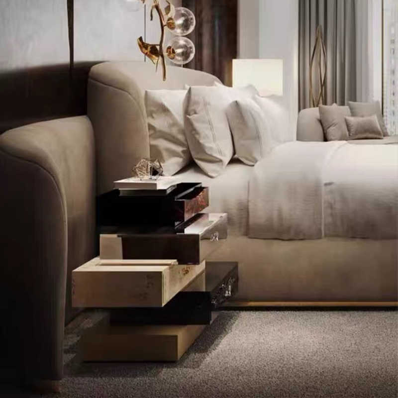 Modern Stacked Drawer Nightstand – Contemporary Multi-Material Luxury Bedside Storage Cabinet, Designer Hotel-Style Side Table with Mixed Finish Drawers