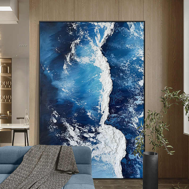 Modern Minimalist Deep Blue Abstract Ocean Waves Textured Hand-Painted Canvas Wall Art with Black Aluminum Frame, Living Room Sofa & Entryway Decor