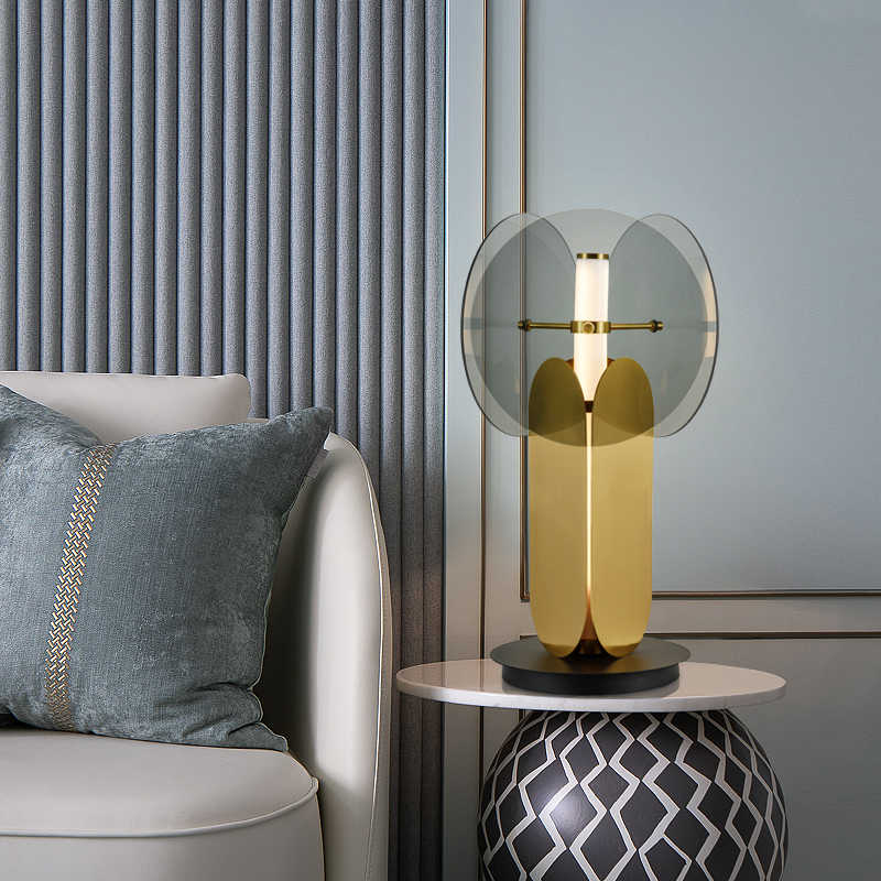 Postmodern Designer Glass & Iron Table Lamp, Smoky Gray Art Bedside/Study/Living Room Decor, LED Button Switch