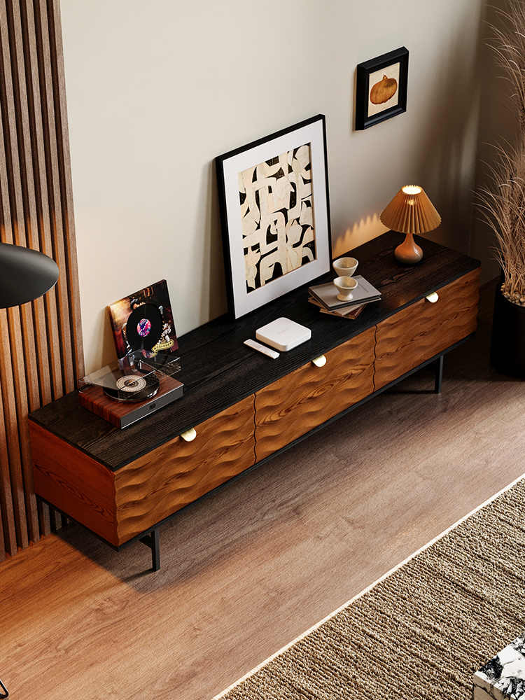 Vintage Solid Wood TV Cabinet – Luxury Wave Pattern Storage Sideboard, Modern Living Room Media Console with Drawers