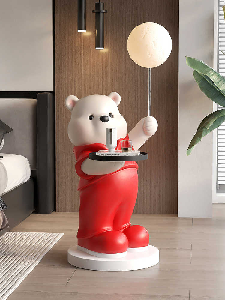 Large Cream Style Bear Floor Sculpture with Tray and Lamp – Modern Sofa Side, TV Cabinet Decor, Housewarming/New Year Gift