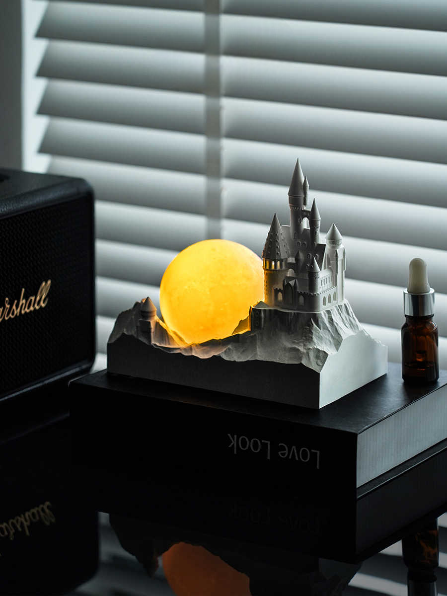 Rechargeable Moon Castle Night Light with Diffuser, 3D Atmosphere LED Lamp for Bedroom, Creative Table Decor and Gift with Essential Oil