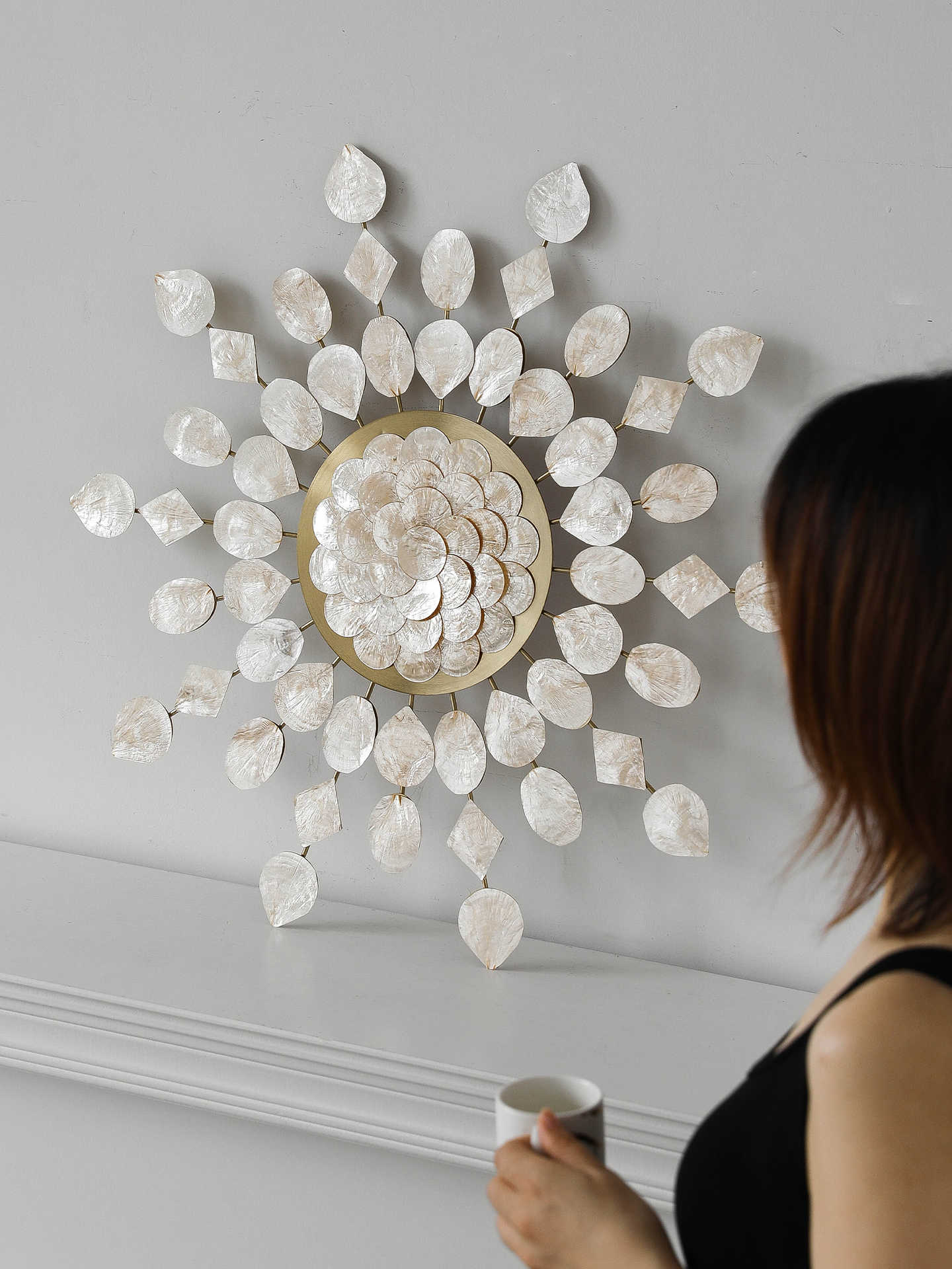 Luxury Gold Geometric Starburst Wall Art, Pearl Shell Decorative Metal Sculpture for Living Room & Dining Room