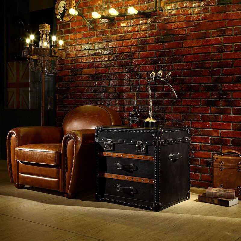 Vintage American Steamer Trunk Coffee Table – Premium Oil-Wax Faux Leather Storage Chest with Leather Straps, Classic Hotel & Cigar Bar Furniture