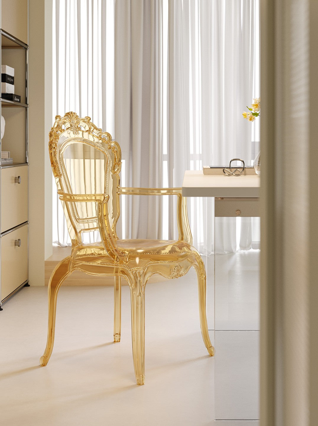 Acrylic Princess Dining Chair, Vintage Crystal "Ghost" Queen-Back Armchair – Amber Transparent