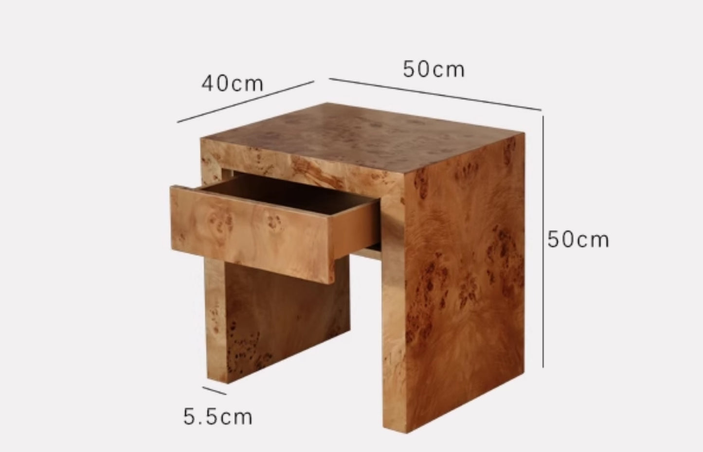 Luxury Burl Wood Nightstand with Drawer – Natural Golden Tree Grain Bedside Table, Italian Minimalist Side Table, French Style Storage Cabinet for Bedroom, Living Room