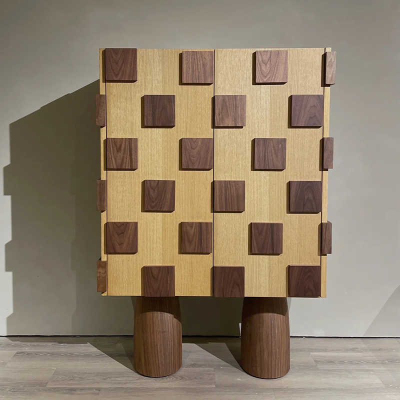 Italian Minimalist Two-Tone Checkered Tall Cabinet – Modern Luxury Storage Bar Console, Designer Cylindrical Leg Sideboard for Living Room and Dining