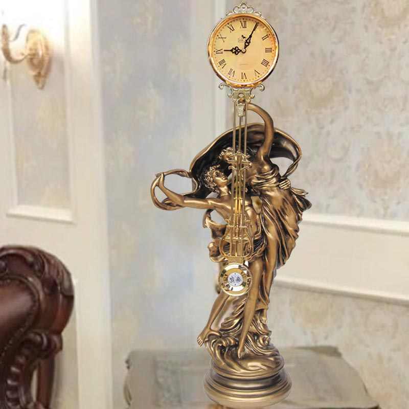 European Classical Dancing Couple Mantel Clock with Silent Movement, Bronze Finish Music-Themed Decorative Timepiece with Pendulum,