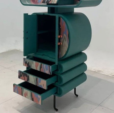 Contemporary Art Painted Storage Cabinet – Emerald Green Abstract Pattern Sideboard with Sculptural Design, Multi-Level Artist Console for Modern Living Spaces