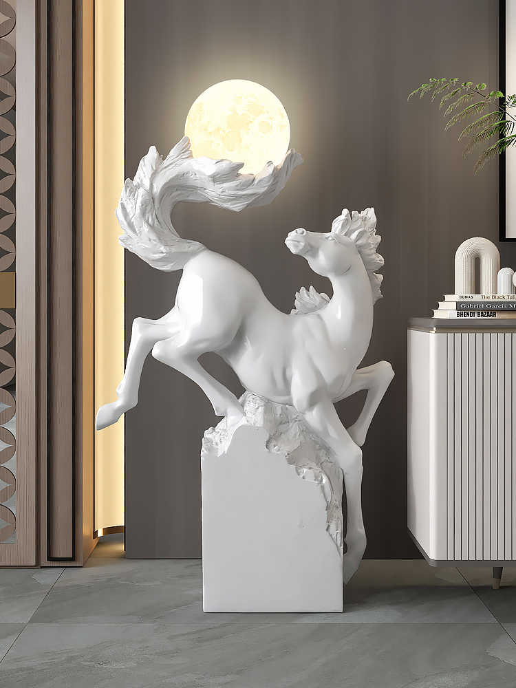 Large Horse Success Sculpture with Moon Lamp – Luxury Living Room Floor Decor, Luck & Housewarming Gift