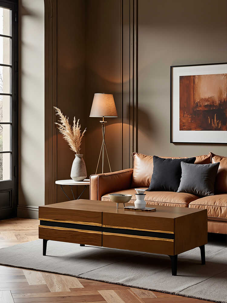 Retro Modern Solid Oak Coffee Table – Minimalist Rectangular Living Room Centerpiece with Drawers, Caramel Finish