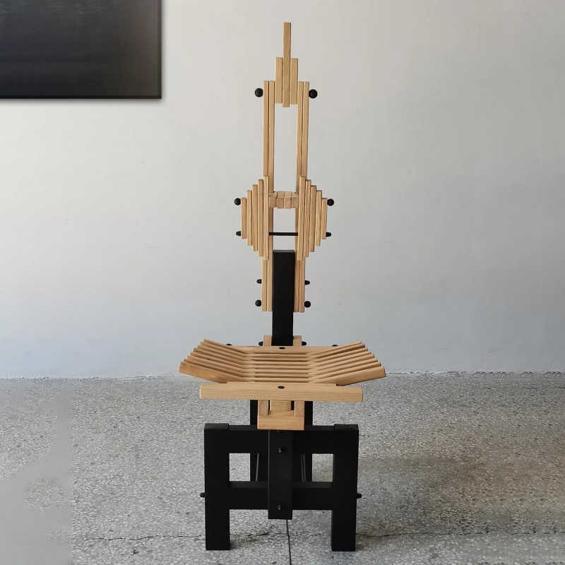 Postmodern Creative Block Chair, Sculptural Architectural Wood & Metal Accent Armchair – Designer Minimal Sample Room Statement Seat