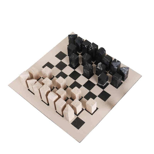 Luxury Modern Marble Chess Set, Geometric Black & White Stone Board Game for Living Room, Entryway, Office Decor, or Tabletop Display