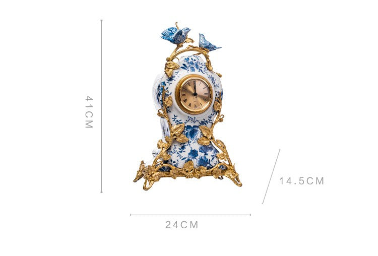 Blue and White Porcelain Brass Table Clock – Bird Motif Mantel Clock for Living Room, Villa, and Artistic Decor