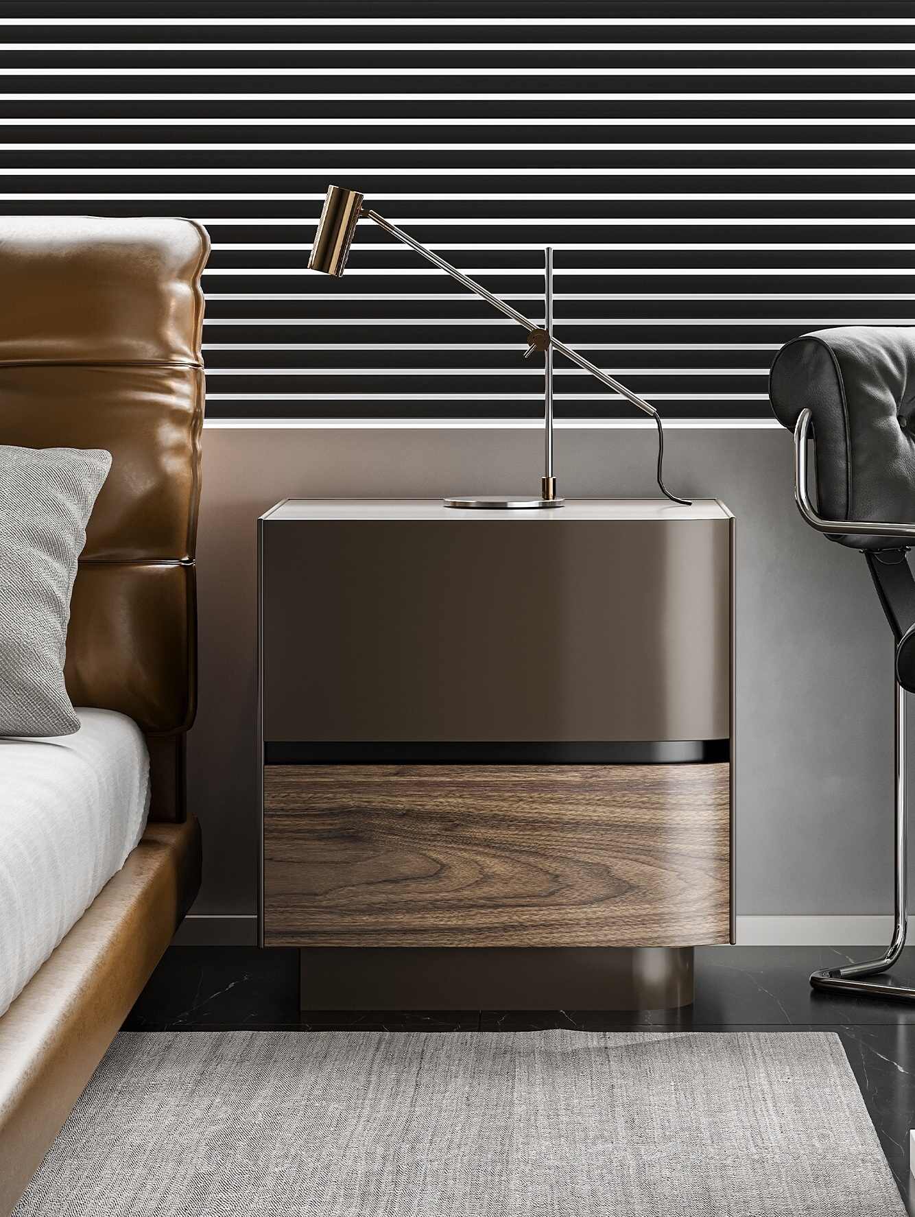Kawadano Italian Modern Walnut Veneer Nightstand, Luxury Lacquered Bedside Table with Storage