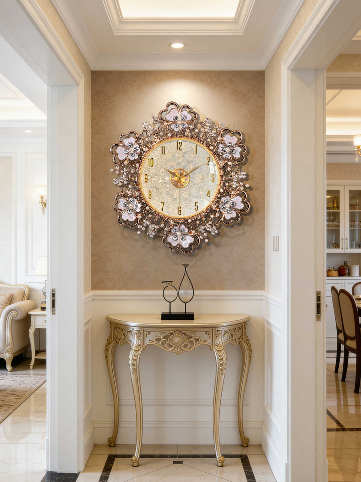 Large Floral Shell Wall Clock, 29.3-Inch Rose Gold Decorative Quartz Wall Clock with White Shell-Look Petals, Crystal Accents and Arabic Numerals for Living Room, Dining Room or Entryway