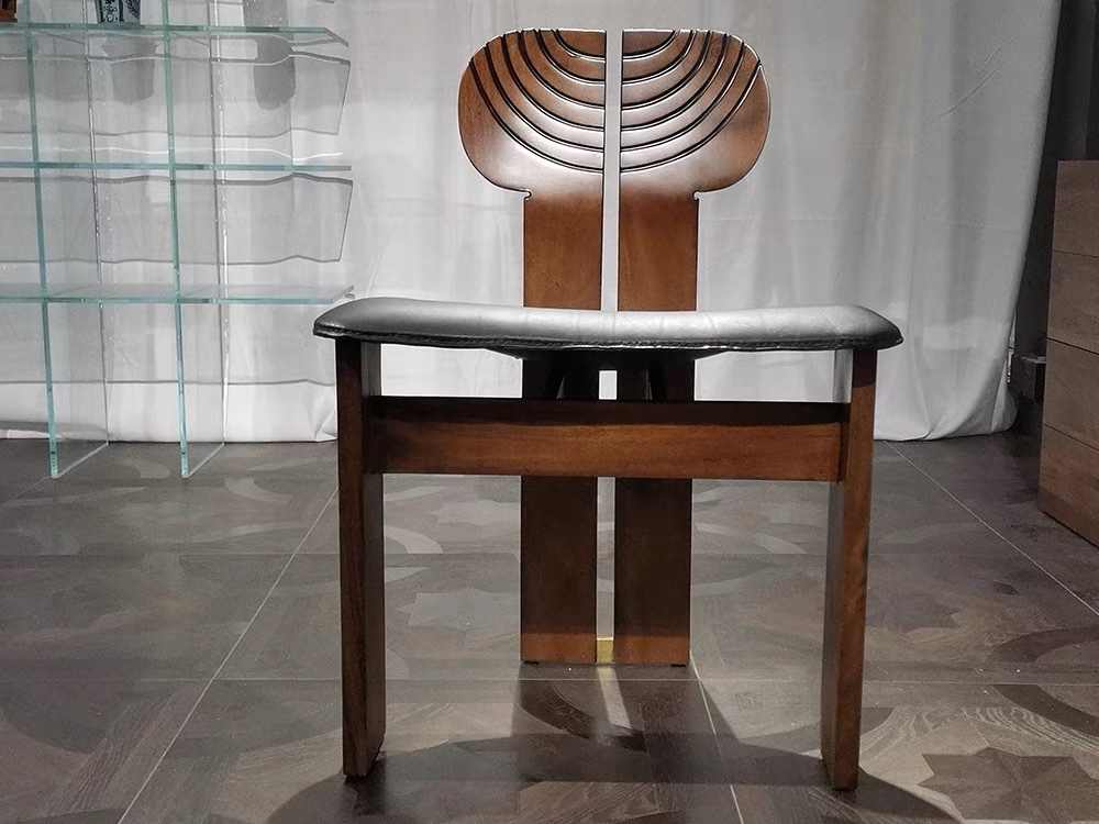 African-Inspired Solid Wood Dining Chair – Sculptural Backrest Design with Leather Seat, Contemporary Luxury Chair for Dining Room, Restaurant, Modern Home