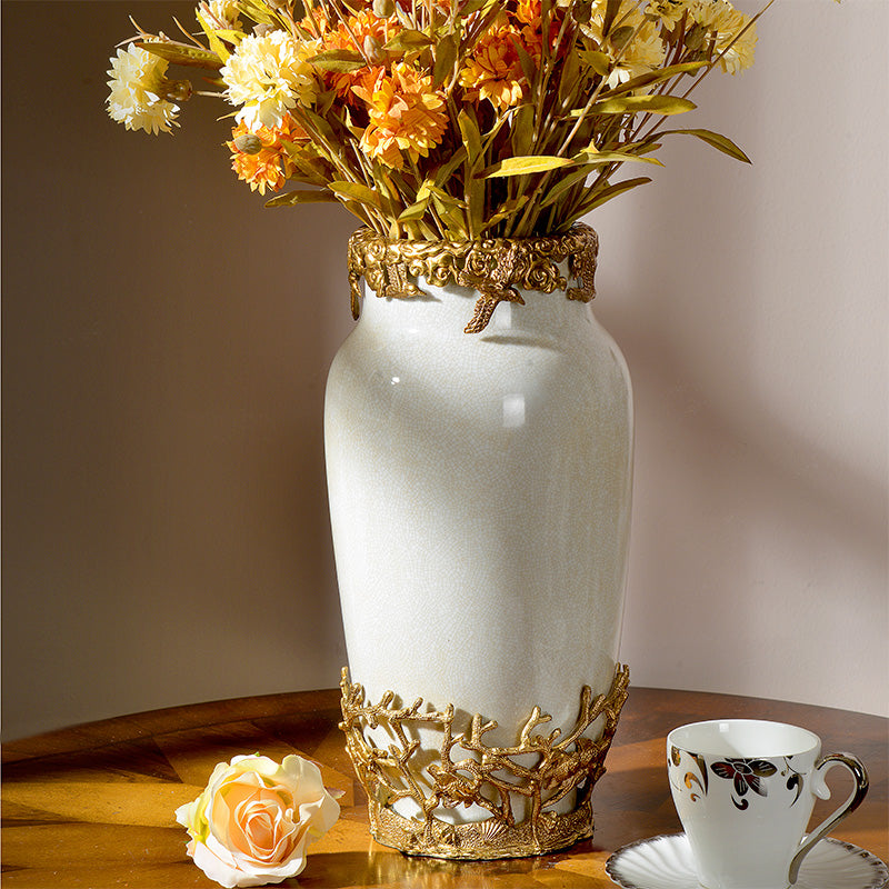 White Porcelain and Brass Table Vase – Luxury Creative Style Gold-Trim Flower Vase for Living Room, Entryway, and Elegant Home Decor