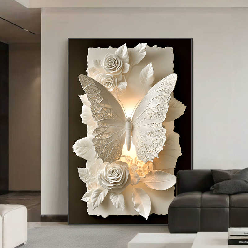 Luxury Butterfly 3D Ceramic Wall Art, Abstract Glass Texture Painting for Living Room, Sofa Background or Corridor, Large Floor Mural, Matte Black Frame