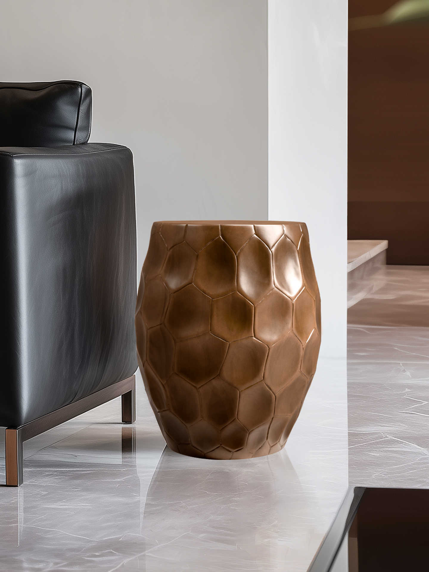 Premium Solid Wood Geometric Side Stool, Luxury Honeycomb Root-Carved Low Stool, Creative Designer Accent Ottoman