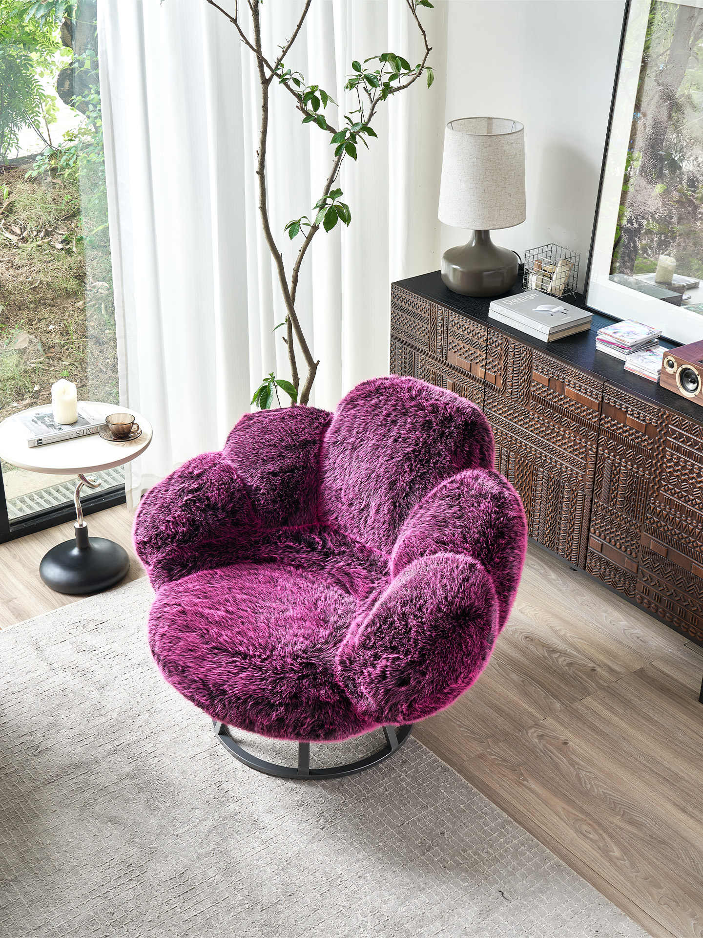 Designer Bear Paw Lounge Chair – Luxurious Purple Faux Fur Statement Seating with Contemporary Swivel Base, Nordic Luxury Accent Chair