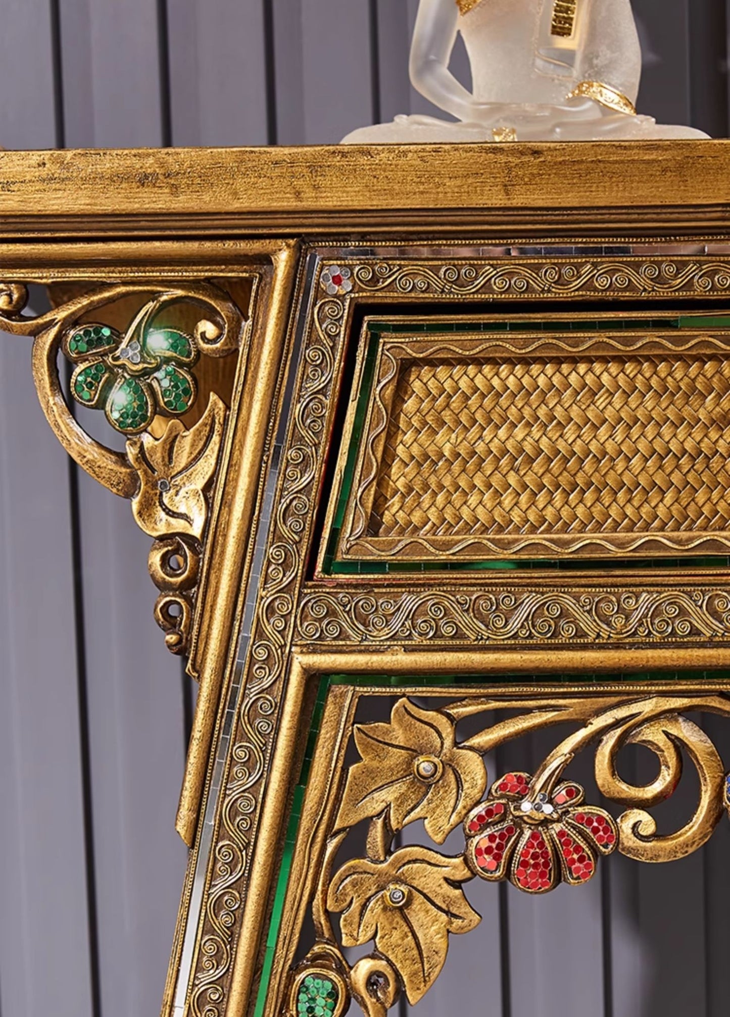 Thai Carved Wood Console Table with Ornate Golden Details, Southeast Asian Style Entryway Table with Gemstone Accents, Traditional Buddhist Altar Table,