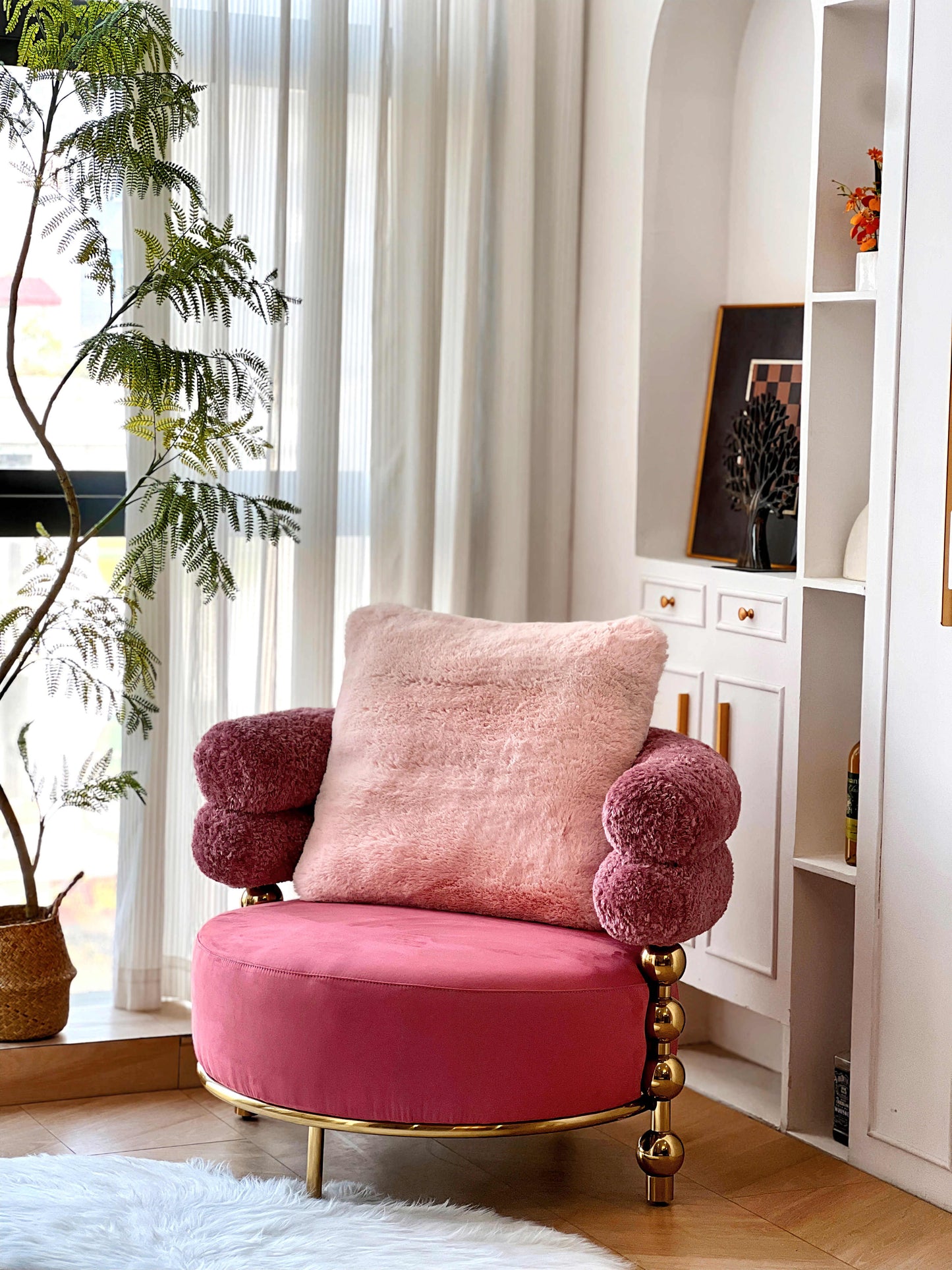 Luxury Pink Teddy Fleece Accent Chair, Italian French Designer Single Seat Armchair with Gold Legs, Removable Washable Cover