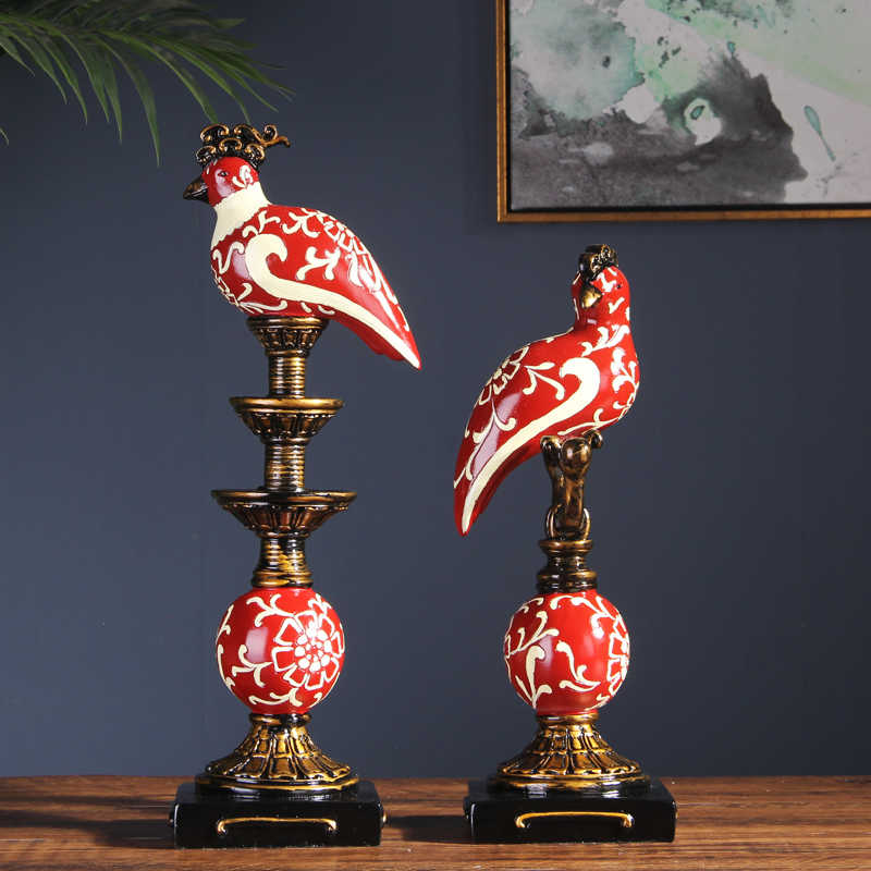 Luxury Prosperity Bird Decor Set, Red & White Classical Resin Figurines for Wine Cabinet, Fireplace, Entryway, High-End Living Room Accents