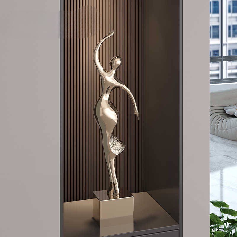 Luxury Abstract Gold Dancer Sculpture, Tall Modern Minimalist Entryway Decor, Electroplated Metallic Lady Art for Living Room Cabinet