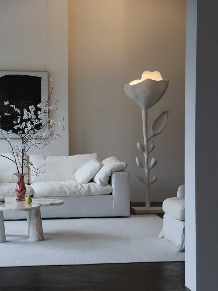 Floral Art Sculpture Floor Lamp, White Distressed Fiberglass Flower Design for Modern Living Room, Studio, or Hotel Decor