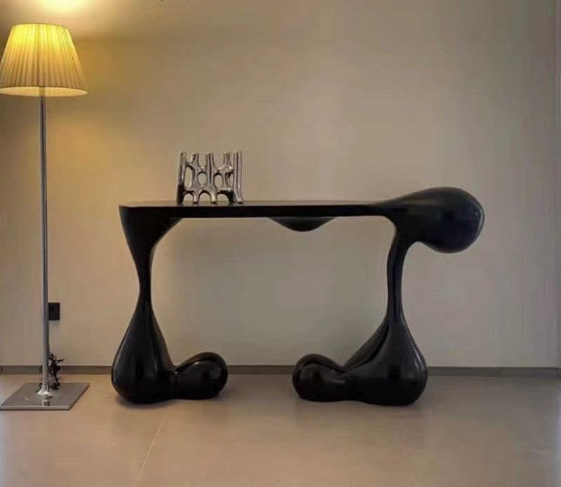 Sculptural Fiberglass Console Table – Black Muscle-Inspired Base with Glass Top, Designer Entry Table for Luxury Hotels and Modern Homes