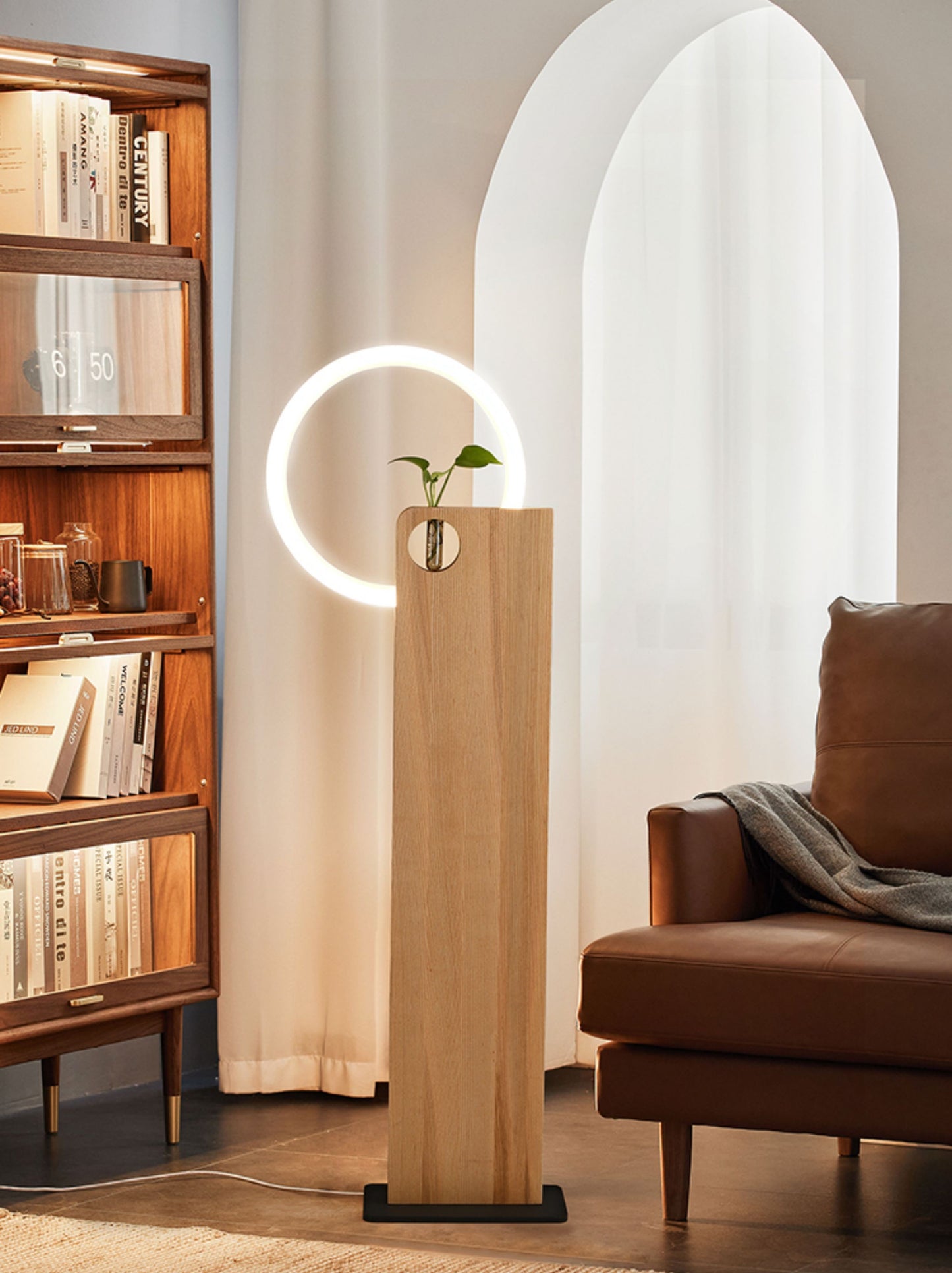 Modern Floor Lamp with Wooden LED Ring, Minimalist Solid Wood Plant Stand Accent Light, Decorative Tall Standing Lamp for Living Room, Bedroom, Study