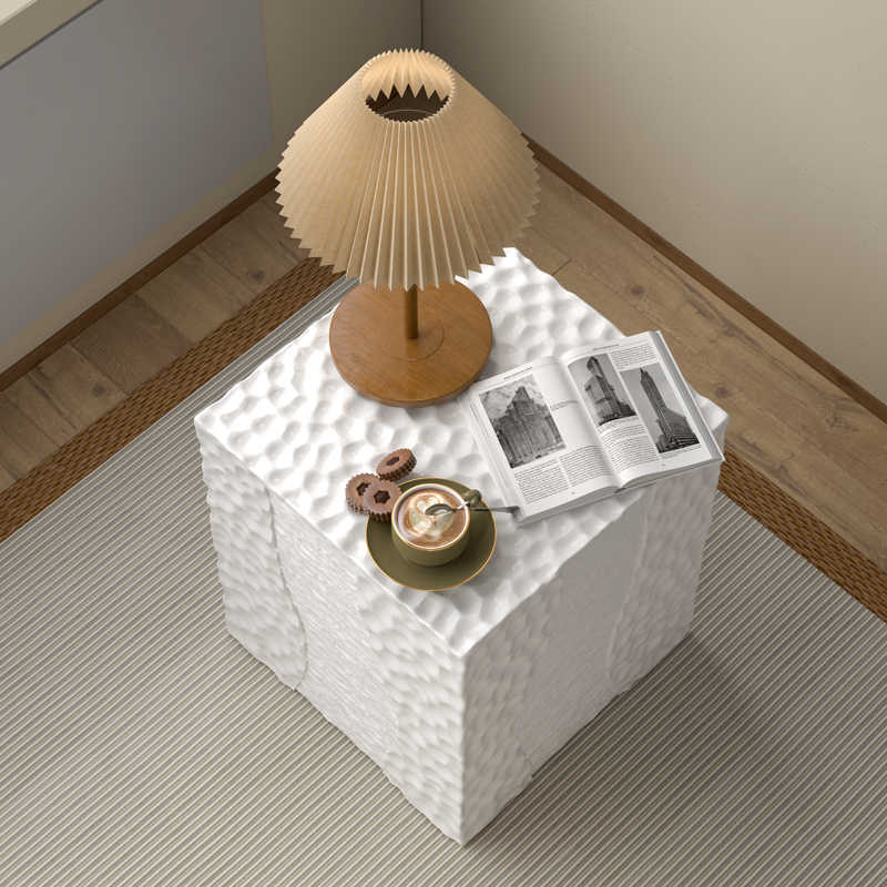 Abstract Side Table, Minimalist Textured White Coffee Table for Living Room, Sculptural Bedside Storage Accent