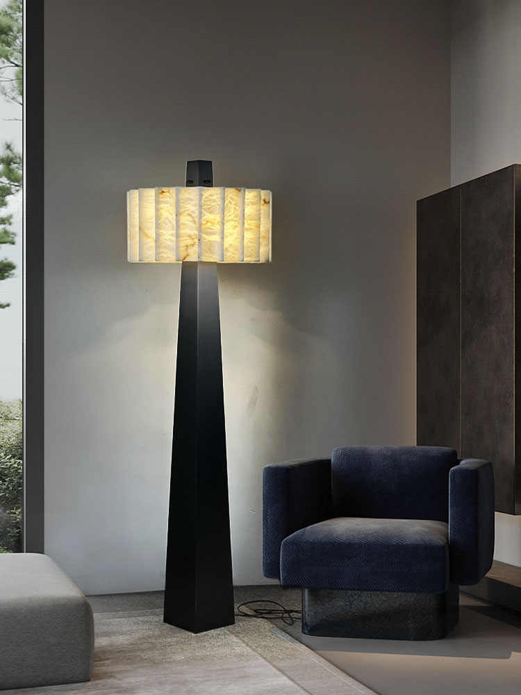 Natural Snowflake Stone & Black Brushed Stainless Steel Designer Floor Lamp, Luxury Villa/Model Room/Living Room/Study