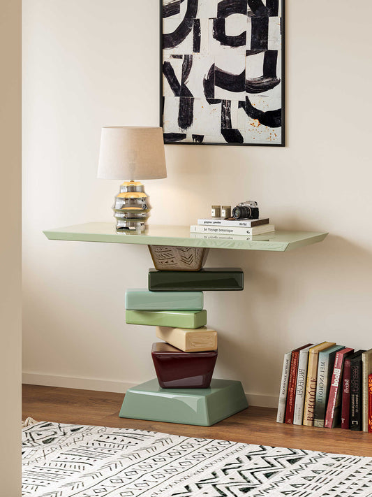 Contemporary Stacked Block Console Table – Multi-Color Geometric Base with Glass Top, Designer Entrance Table for Modern Hallways and Living Spaces