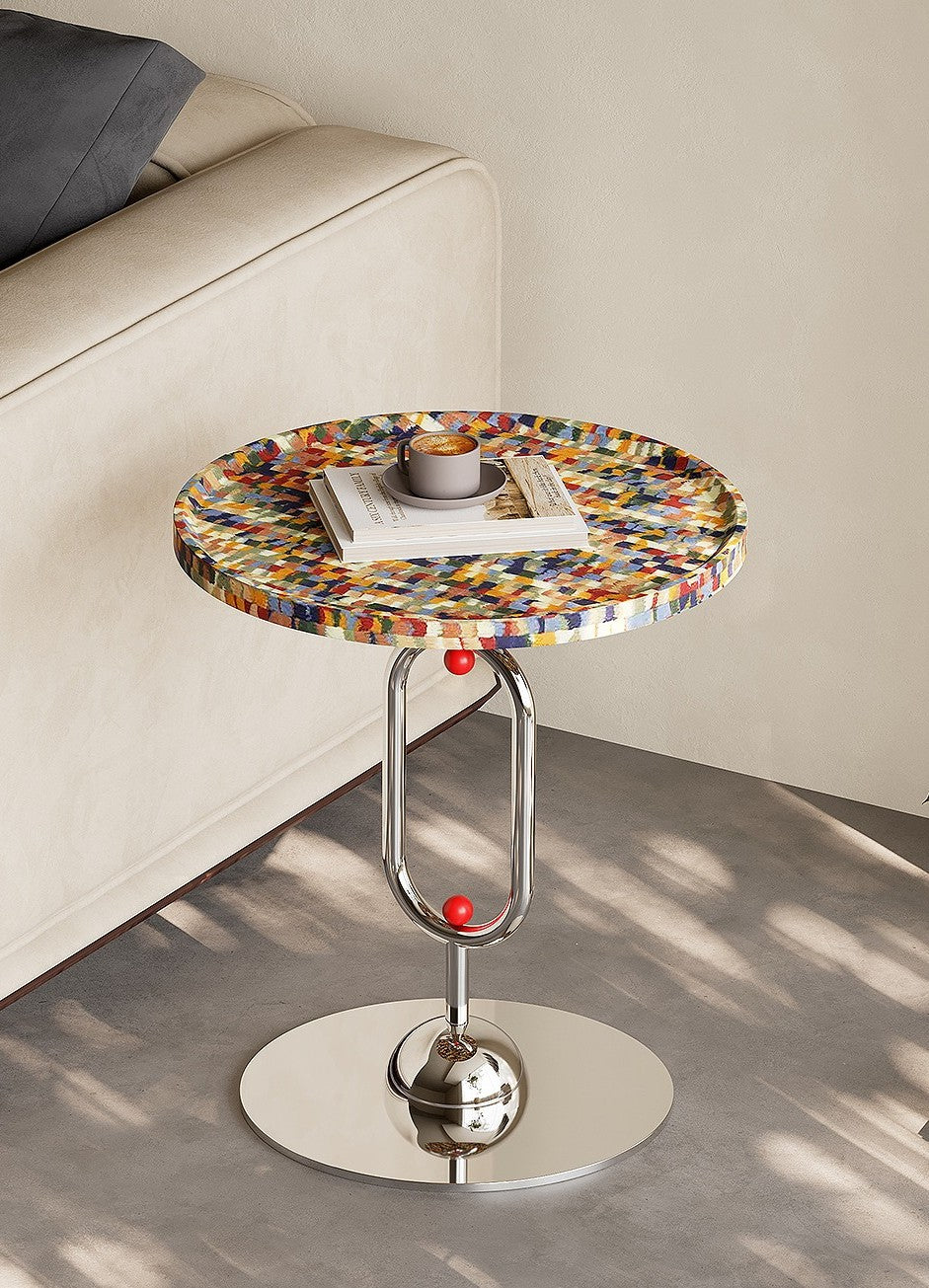 Modern Art Round Side Table – Designer Statement Accent Small Tea Table for Living Room or Sofa